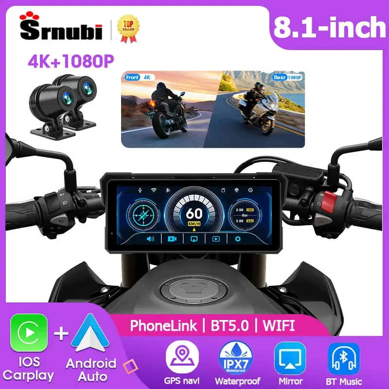 Srnubi 8.1 pouces Moto DVR ou 5 pouces Moto Radio GPS Navigateur Moto 4K Caméra Avant + 1080P Caméra Arrière Sans Fil CarPlay Android Auto Moto