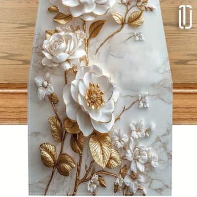 TEMU Elegant Marble Table Runner With White Flowers & Golden Branches – Intricate For Kitchen, Dining, Indoor/outdoor, And Holiday Decor, Polyester Material, Kitchen Decor Image