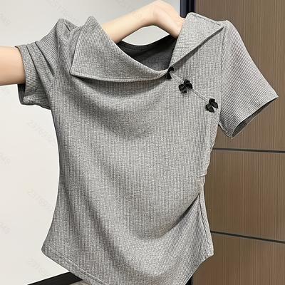 TEMU Women's Casual Summer Short Sleeve T-shirt With Asymmetrical Hem & Ribbed Texture - Solid Color, Detail, Lightweight Polyester Blend For Casual Attire, Ladies T Shirts Image