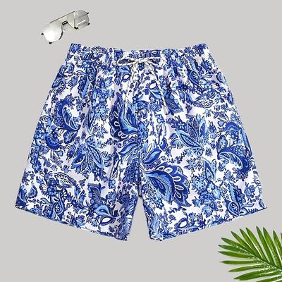 TEMU [1pc Floral Print Beach Shorts] 1pc Men's Floral Print Drawstring Beach Shorts, Casual Polyester Swim Trunks With Waistband, Regular Fit Summer Poolside Wear Image