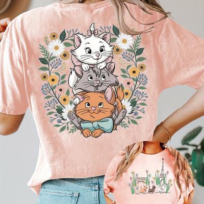 TEMU Women's The Marie & Floral Graphic Short Sleeve T-shirt - Vibrant Orange Retro Casual Round Neck Tee, , Machine Washable, Sizes S-xxl, Everyday , , Image