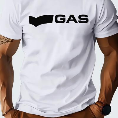 "TEMU Men's Slim-fit Cotton T-shirt With "gas" Graphic Print - Breathable 180gsm Fabric, Machine Washable, Casual Short Sleeve Round Neck Tee For Summer & Wear, White, Shirt" Image