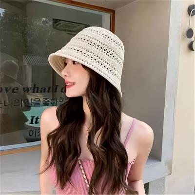 TEMU 2025 New Summer Hollowed-out Fisherman Hat, Breathable Hat For Women, Thin Sun Hat, Hollowed-out Bucket Hat, Fashionable Basin Hat And Bucket Sun Hat Image