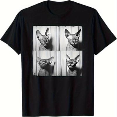 TEMU Sphynx Cat Lover Graphic T-shirt - 100% Cotton, Casual Crew Neck, Stretch, Knit Fabric, Fun Portrait Design, Pet Lovers, Wear, Ideal Gift, Sizes S-xxxl Image
