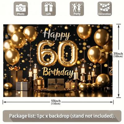 "TEMU Happy 60th Birthday Polyester Backdrop - Photography Background For Indoor & Outdoor Celebrations, Dessert Table Banner, Photo Booth Prop - In 39x59" Or 70.8x90.5" Image