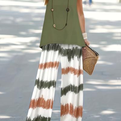 TEMU Loose Fit Set, Crew Neck Sleeveless Tank Top & Wide Leg Pants, Women's Clothing Image