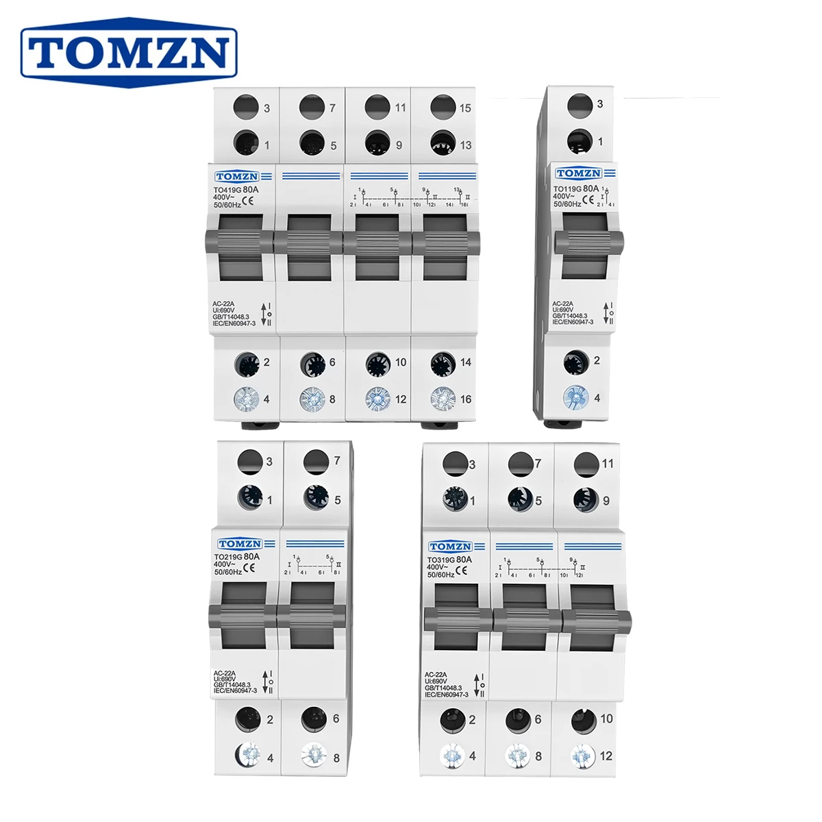 TOMZN TO419G Umschalter 1234P 400V ~ 80A MTS Dual Power Manuelle Übertragung Isolierende Verriegelung Leistungsschalter Trennbar Image