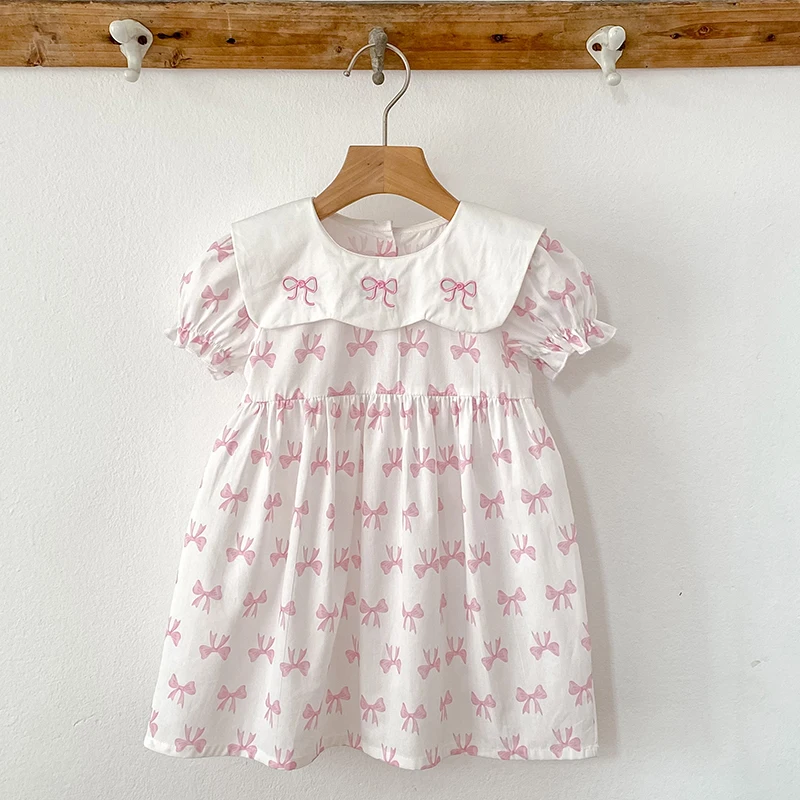 Mädchen Sommer Kleid Kinder Prinzessin Geburtstag Kleider Rosa Gestickte Bogen Kleid Puff Ärmeln Elegante Baby Kinder Kleidung Vestidos Image