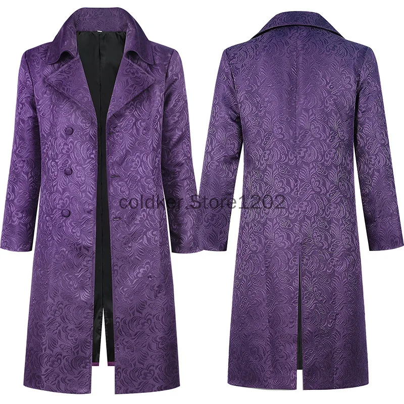 Erwachsenen-Herren-Cosplay-Kostüm Halloween Mittelalterliche Jacke Eleganter Lila Jacquard-Mantel Langer Mantel mit Reverskragen