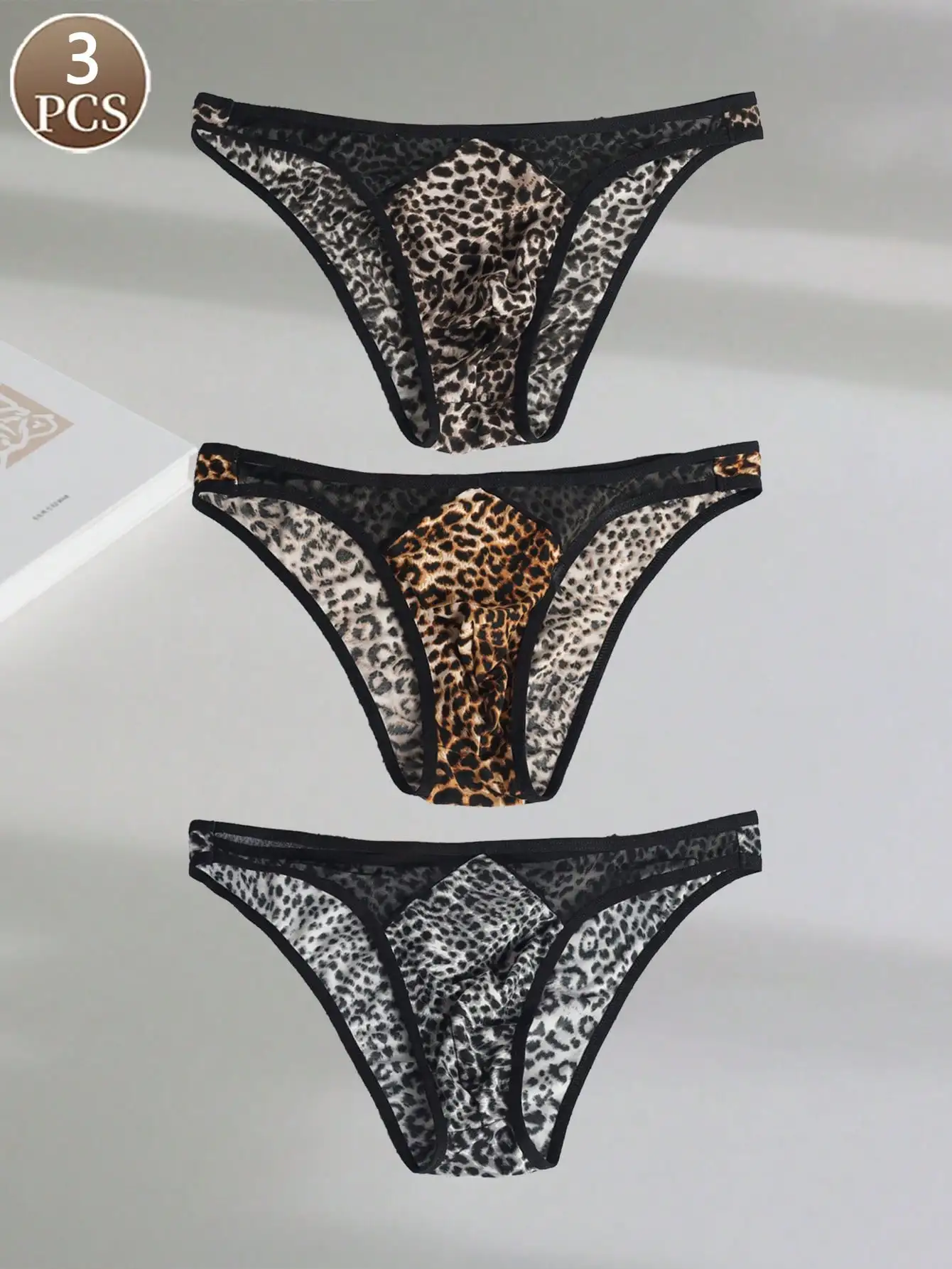 3PCS Basic Casual Sport Strickstoff weiche Leopardenmuster niedrige TailleHerren schnell trocknend Mode sexy Mesh Spleißen Leopardenmuster Slip Image