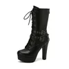 Punk Gothic Weiß Gelb Marineblau Runde Kappe Dicke High Heels Frauen Mid-kalb Stiefel Schnürung Zipper Plattform winter Schuhe Größe 50
