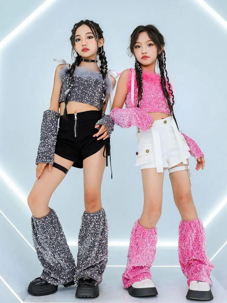 Rosa Pailletten Jazz Kostüm Mädchen Hip Hop Bühne Outfit Schwarz Weiß Shorts Kpop Kid Glitter Mode Kleidung Tanzen Performance Anzug