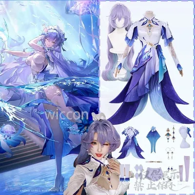Wuthering Waves Cosplay Cantarella Qualle Unregelmäßiges Kleid Blau Lila Lolita Kopfbedeckung Image