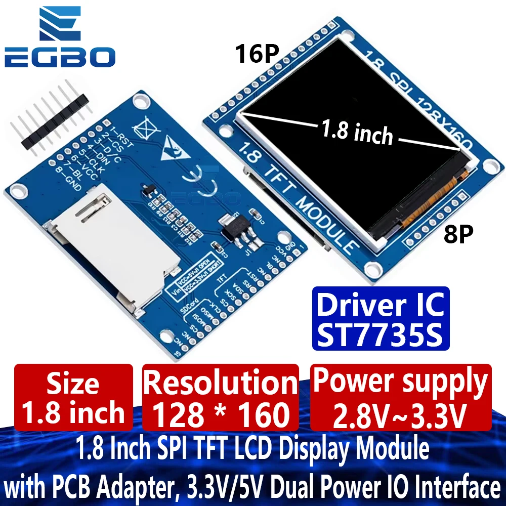 1,8 Zoll SPI TFT LCD Display Modul 128x160 mit PCB Adapter, 3,3V/5V Dual Power IO Schnittstelle für Arduino Image