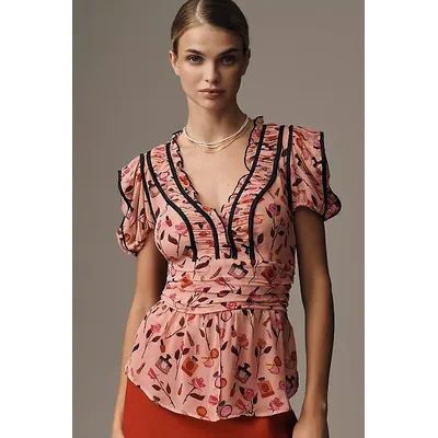 Maeve V-Neck Puff-Sleeve Printed Blouse