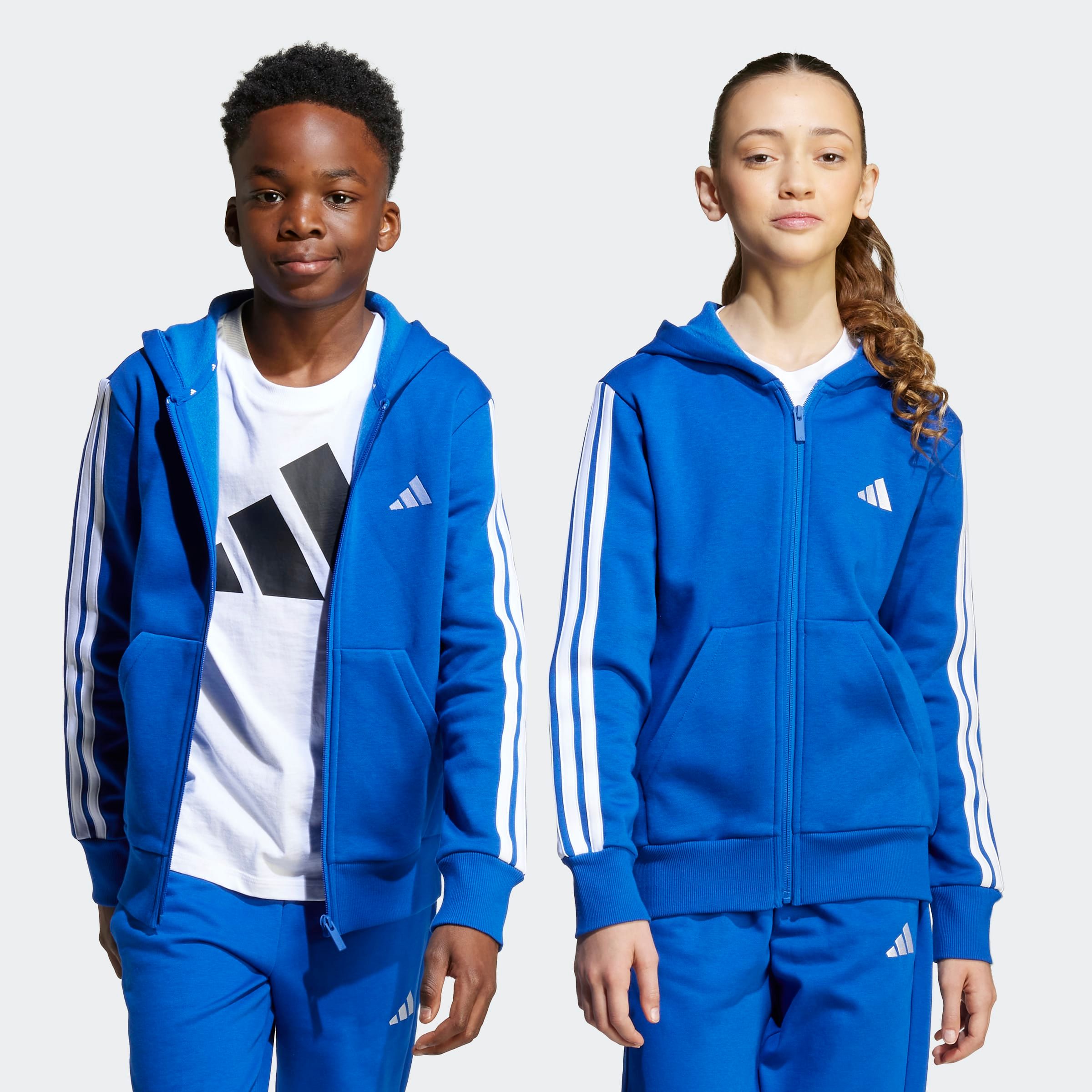 Kapuzensweatshirt ADIDAS SPORTSWEAR "J 3S FL FZ HD", Kinder, Gr. 176, blau (royal blau, weiß), Obermaterial: 55% Baumwolle, 36% Polyester, 9% Viskose, Sportlich, Sweatshirts Image