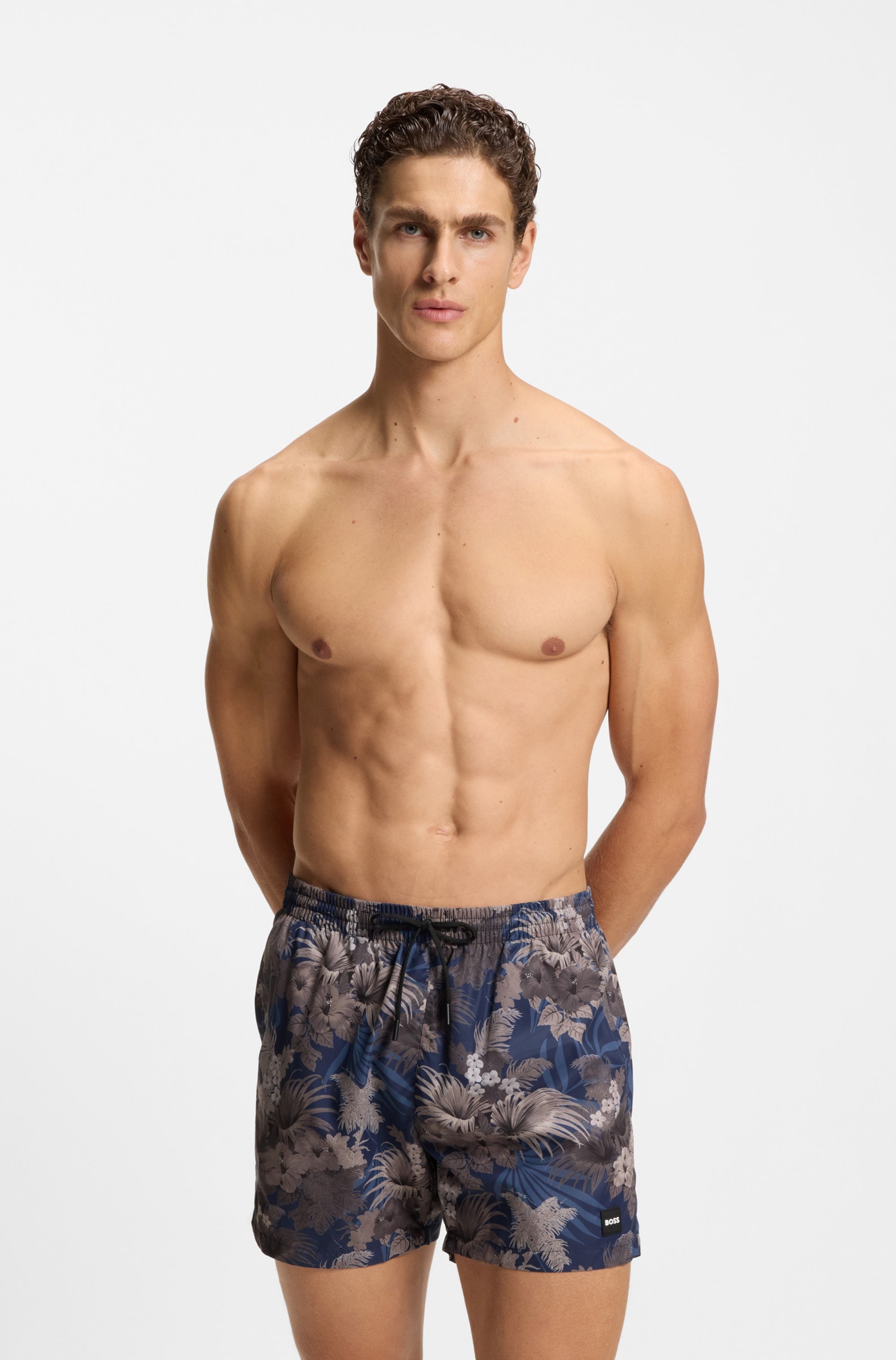 Badeshorts BOSS "Piranha", Herren, Gr. XXXL (58), N-Gr, braun (medium braun 210), Microfaser, Obermaterial: 100% Polyester, Badehosen, mit buntem Alloverdruck Image