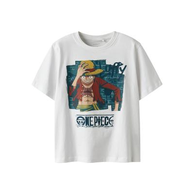 T-Shirt NAME IT "NKMJOB ONEPIECE NREG SS TOP NOOS VDE", Jungen, Gr. 116, weiß (hellweiß), Jersey, Obermaterial: 100% Baumwolle, bedruckt, casual, relaxed fit normal, Rundhals, Kurzarm, Shirts Image