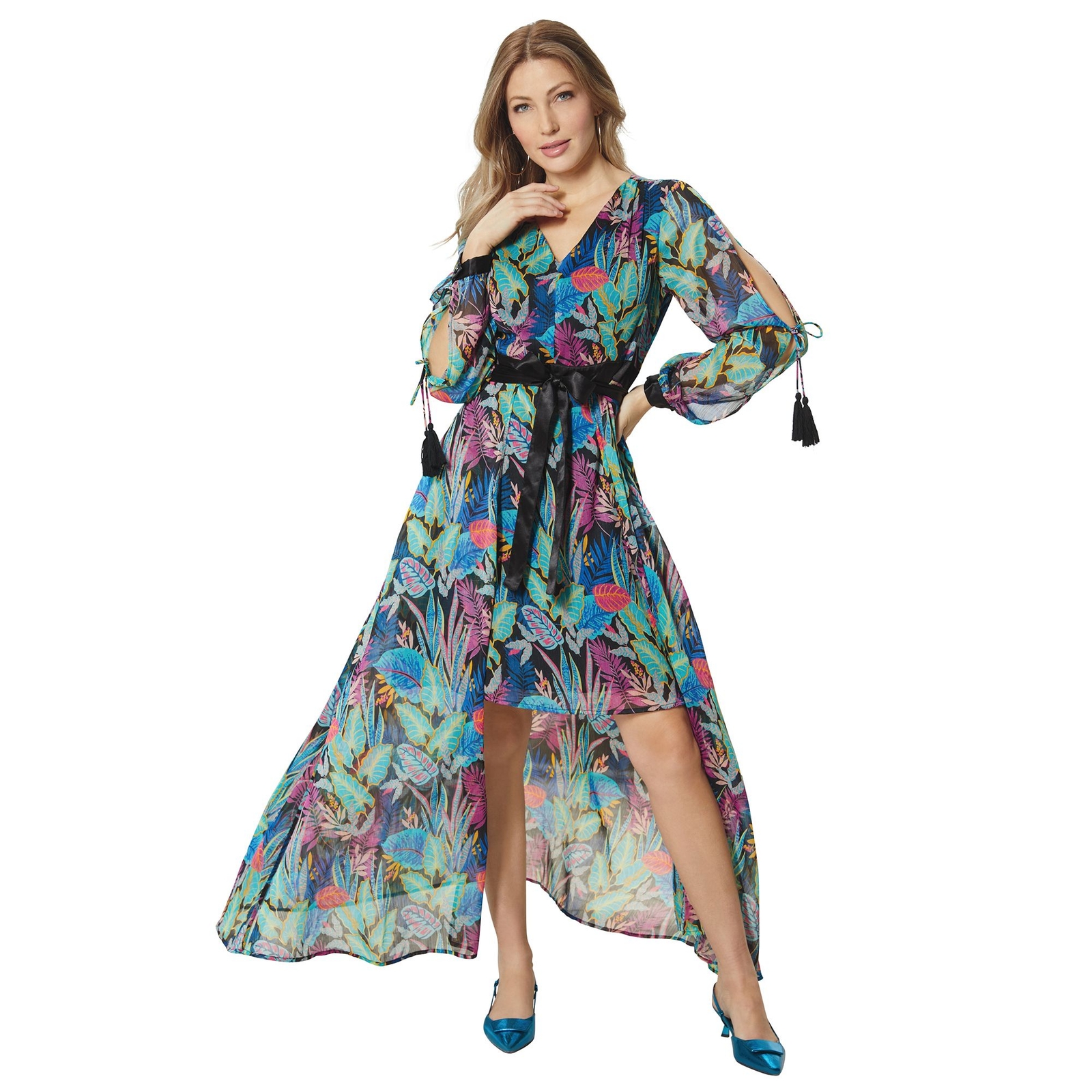 Masseys Printed Dress and Wrap Set (Size 14) Black/Multi/Palm, Elastine,Polyester