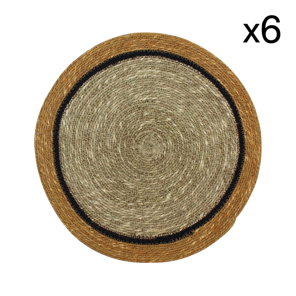 Lot de 6 sets de table en jonc de mer naturel et jaune d38cm