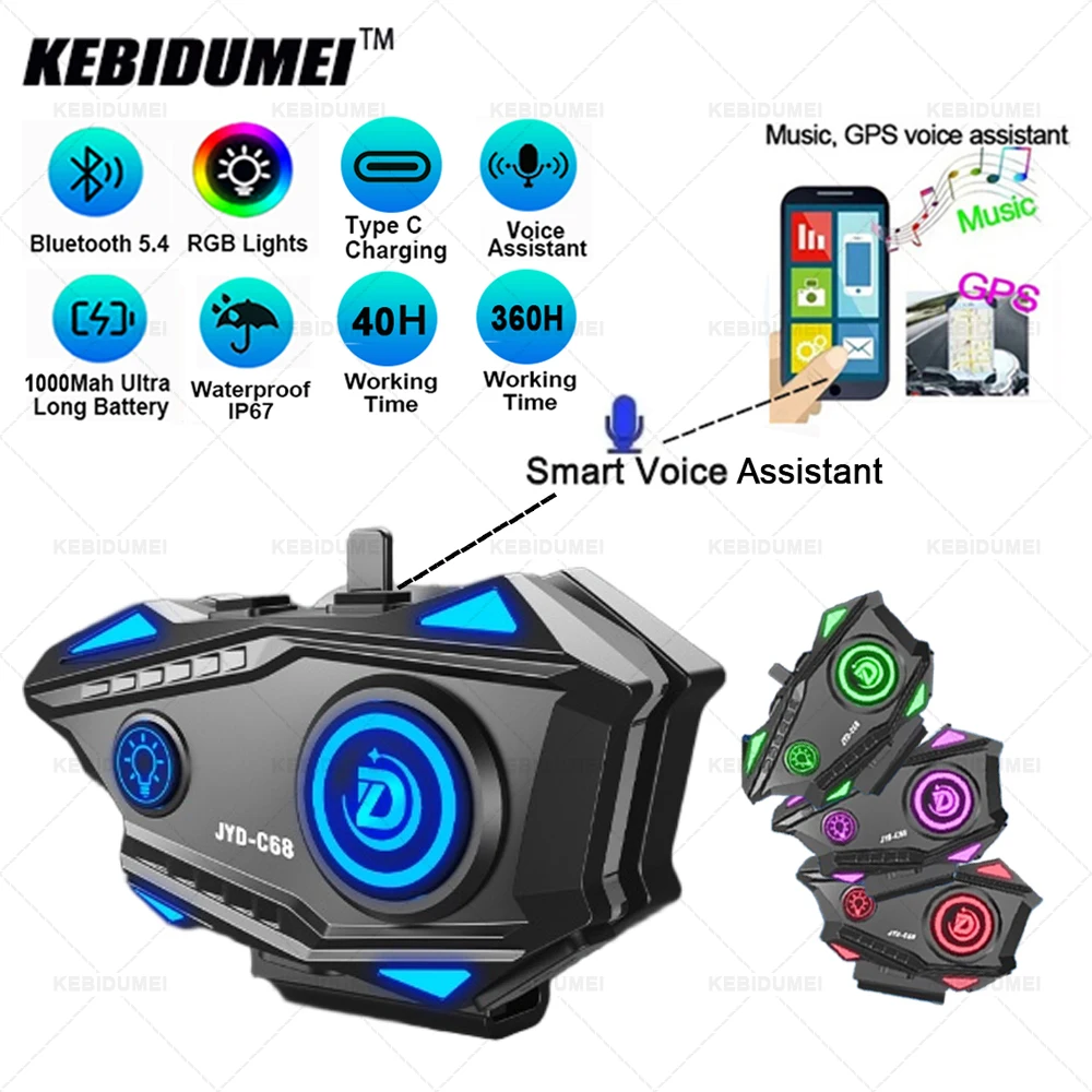 Motorrad Helm Headset Bluetooth 5,4 Kopfhörer RGB Lichter IPX67 Wasserdicht Sprachassistent Freisprechen Anruf 1000mah Battary Image