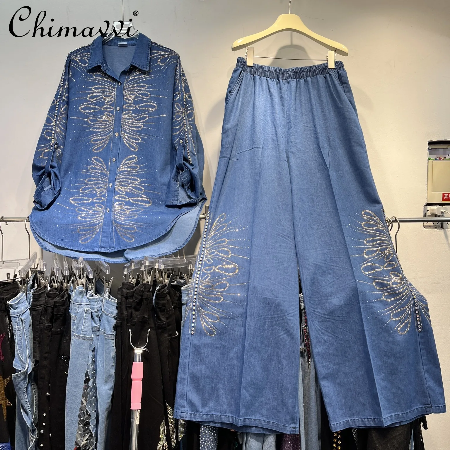 Schwere Industrie Heißer Diamant Temperament Hosen Set 2025, Sommer Neue Mode Lose Hemd Top Breite Bein Hosen frauen Zwei-stück Set Image