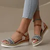 LazySeal Keilabsatz Damen Sandale Neue Sommer Gladiator Schnalle Schuhe Kariert Klassische Sandalen Damen Heels Plus Größe 43