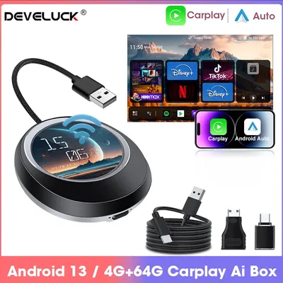 Develuck Wired & Wireless Carplay Smart Ai Box Plug Und Play Android 13, 4G + 64G Split Screen Für Auto Multimedia Player Auto TV Box