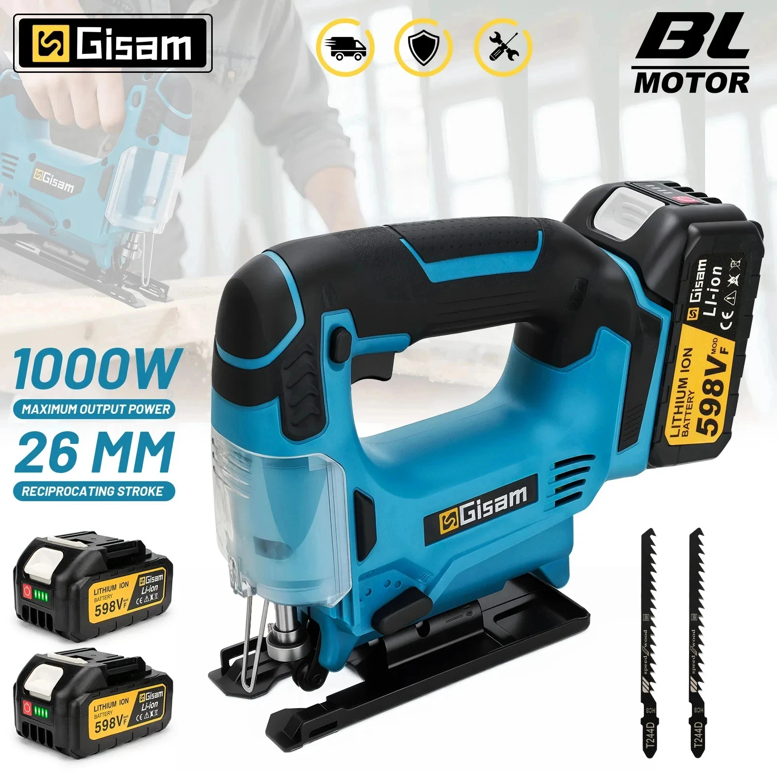 Gisam 26mm 6000 U/min Bürstenlose Elektrische Stichsäge mit Verstellbarem Sägeblatt und Variabler Geschwindigkeit für Makita 18V Akku Image