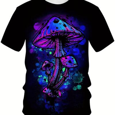 TEMU [hippy Mushroom Print Tee] 1pc Novelty Graphic Cotton T-shirt- Men's Casual, Round Neck, Regular Fit, , Hippy Mushroom Print Image