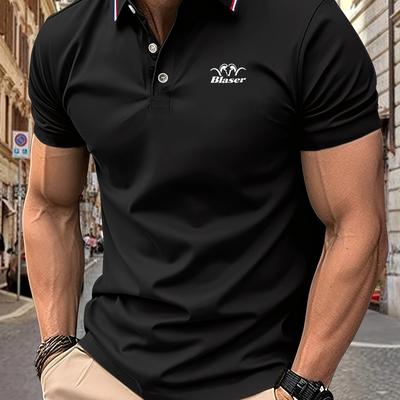 TEMU Men's Casual Shirt - Summer Lightweight 100% Polyester, Navy Blue With White Logo, Breathable Stretch Fabric, Machine Washable, Regular Fit For Golf & Outdoor Activities Image