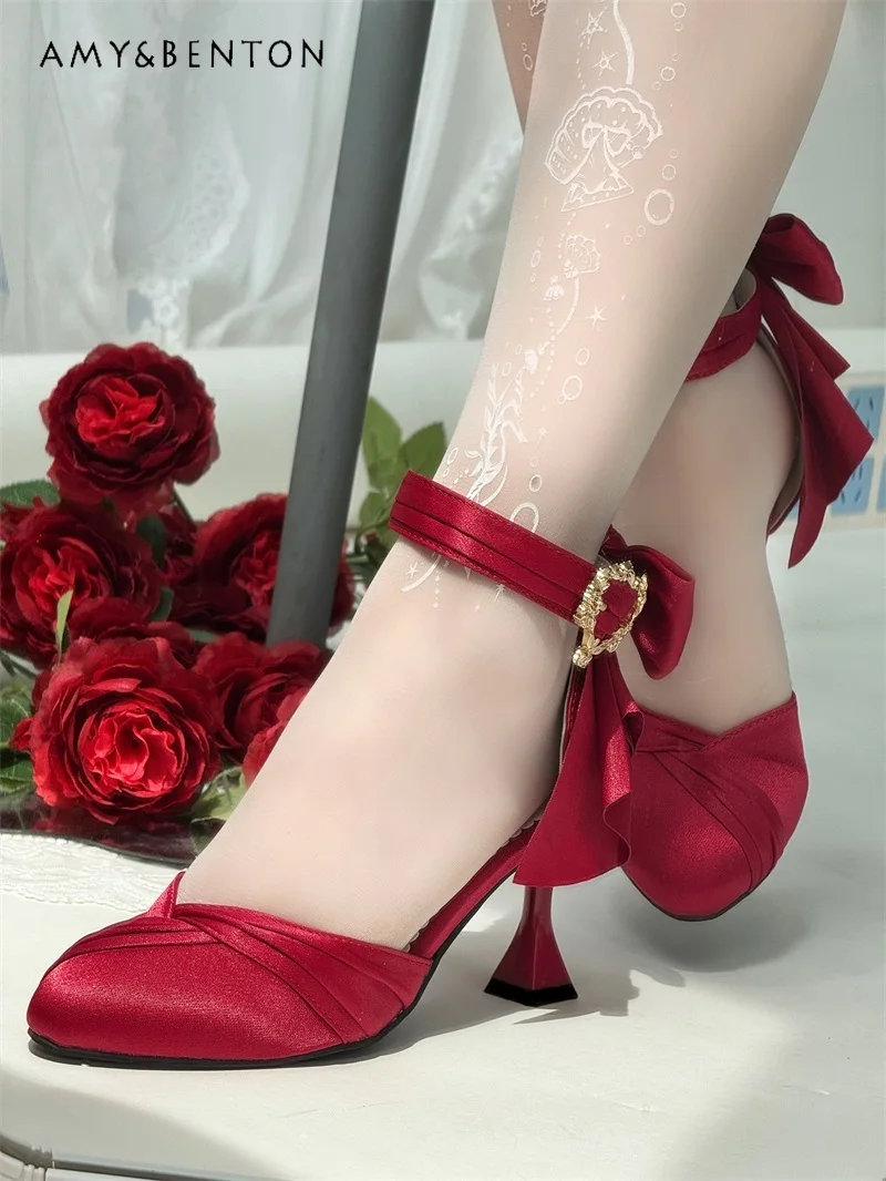 Ballett Stil Elegante Prinzessin High Heels Süße Schleife Einzelne Schuhe Lolita Sandalen Frauen Schuhe High-End Satin Spitz Plattform Heels