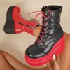 11CM Neue Design Frauen Punk Gothic Motorrad Stiefel Plattform Chunky High Heel Ankle Boot Damen Kühlen Keil Schwarz Rot weibliche Schuhe