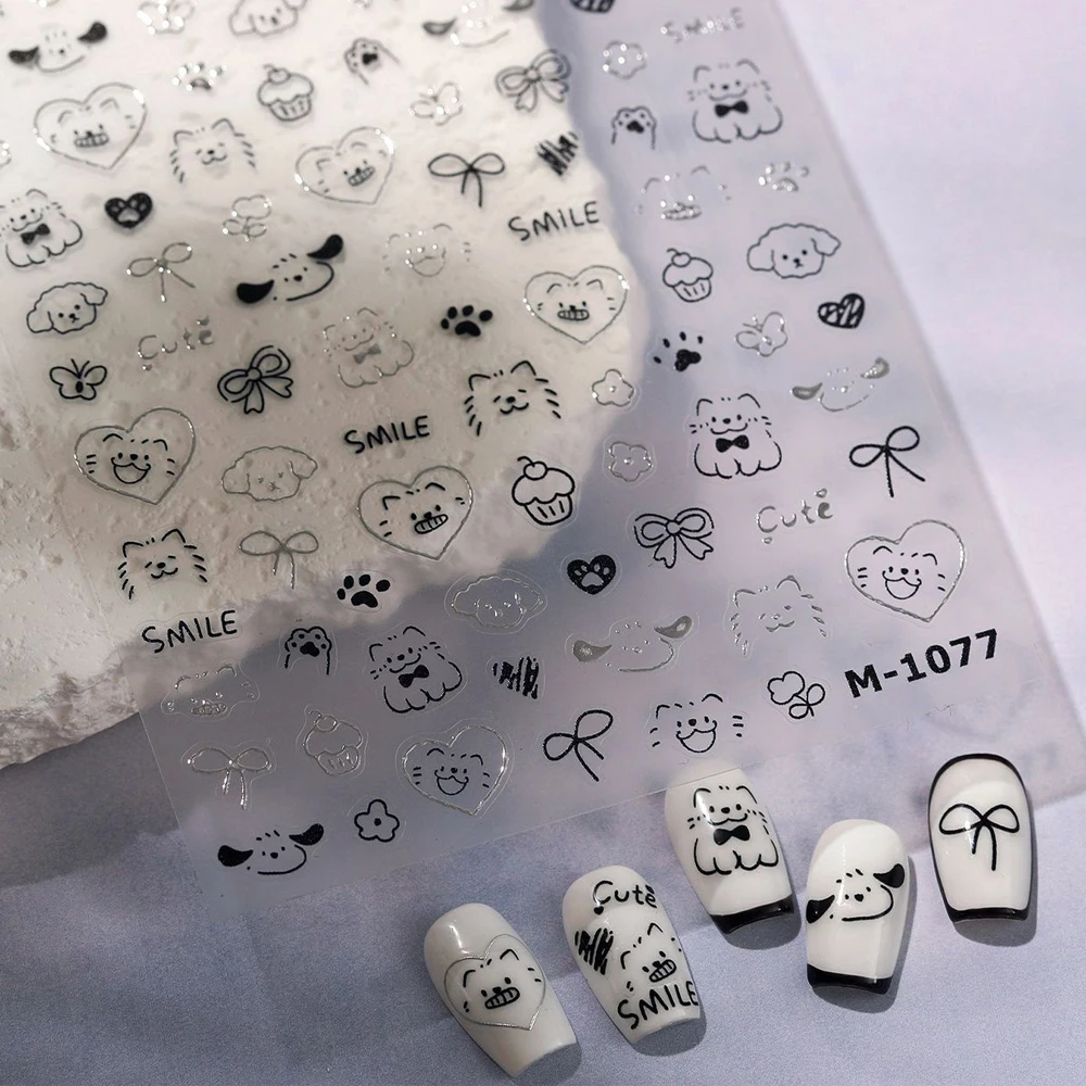 Schwarz Silber Linie Hunde Katzen Pfotenabdruck 5D Nail Art Aufkleber Schmetterling Schleife Blumenkuchen Koreanischer Stil Selbstklebende Maniküre Deca Image