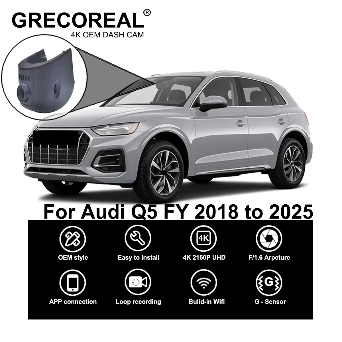 GRECOREAL 4K Dash Cam vorne und hinten 2160P WiFi Auto Dual Dashcam APP Steuerung einfache Installation Plug Play kompatibel mit Audi Q5 FY Image