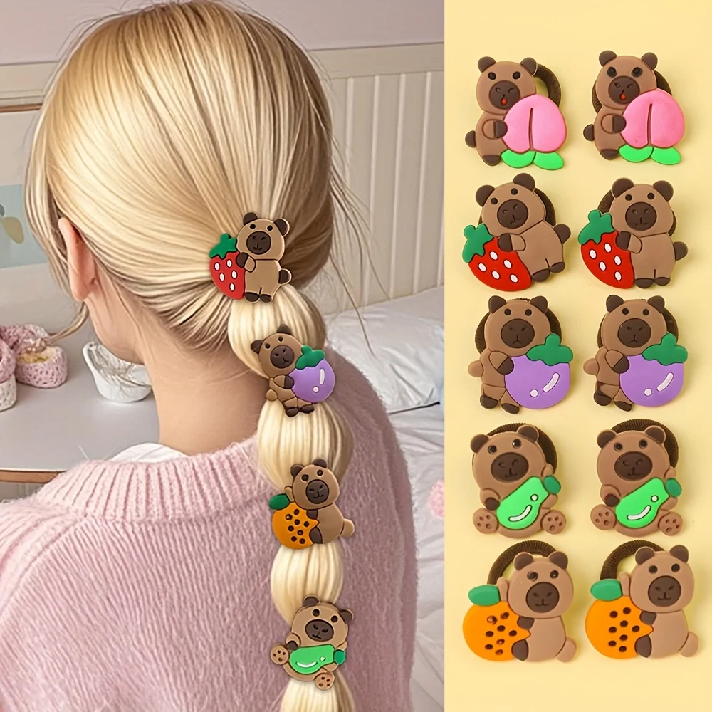 10 Stück mehrfarbige niedliche Kapibara-Haargummis, geeignet für den täglichen Gebrauch als Geschenk für Mädchen Image