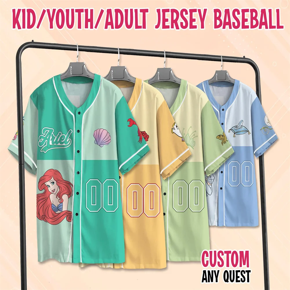 Benutzerdefinierte Disney Princess Baseball Jersey Kollektion Kinder Jugend Erwachsene Shirt Prinzessin passende Prinzessin Camisa Hombre Manga Corta Image