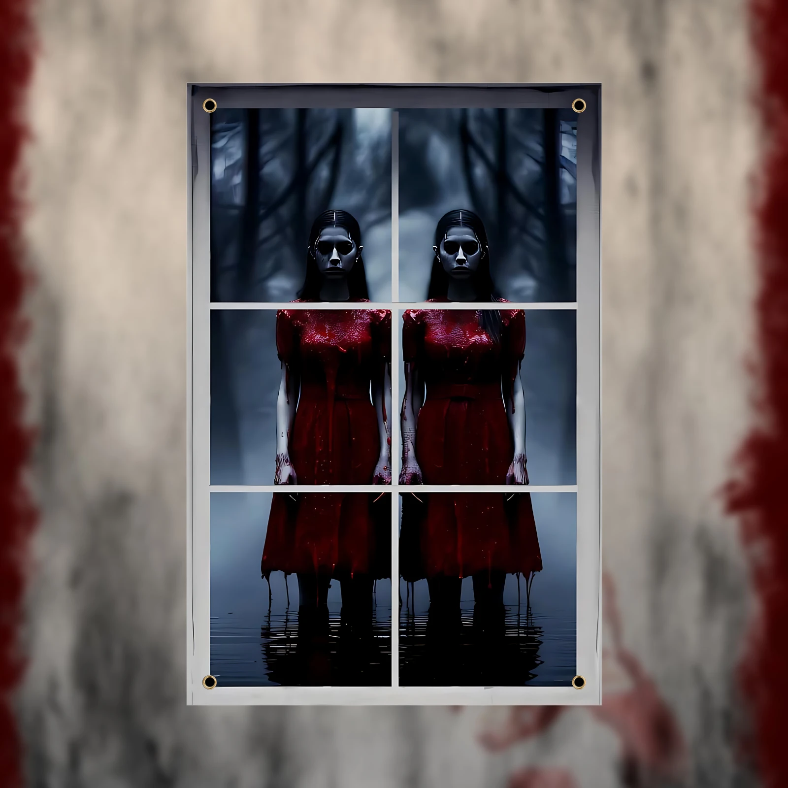 Halloween-Fensterabdeckungsdekorationen, weiblicher Geist im roten Kleid, Fenster-Silhouette, Horror-Poster, hängende Dekoration, Stoff, gruselig Image