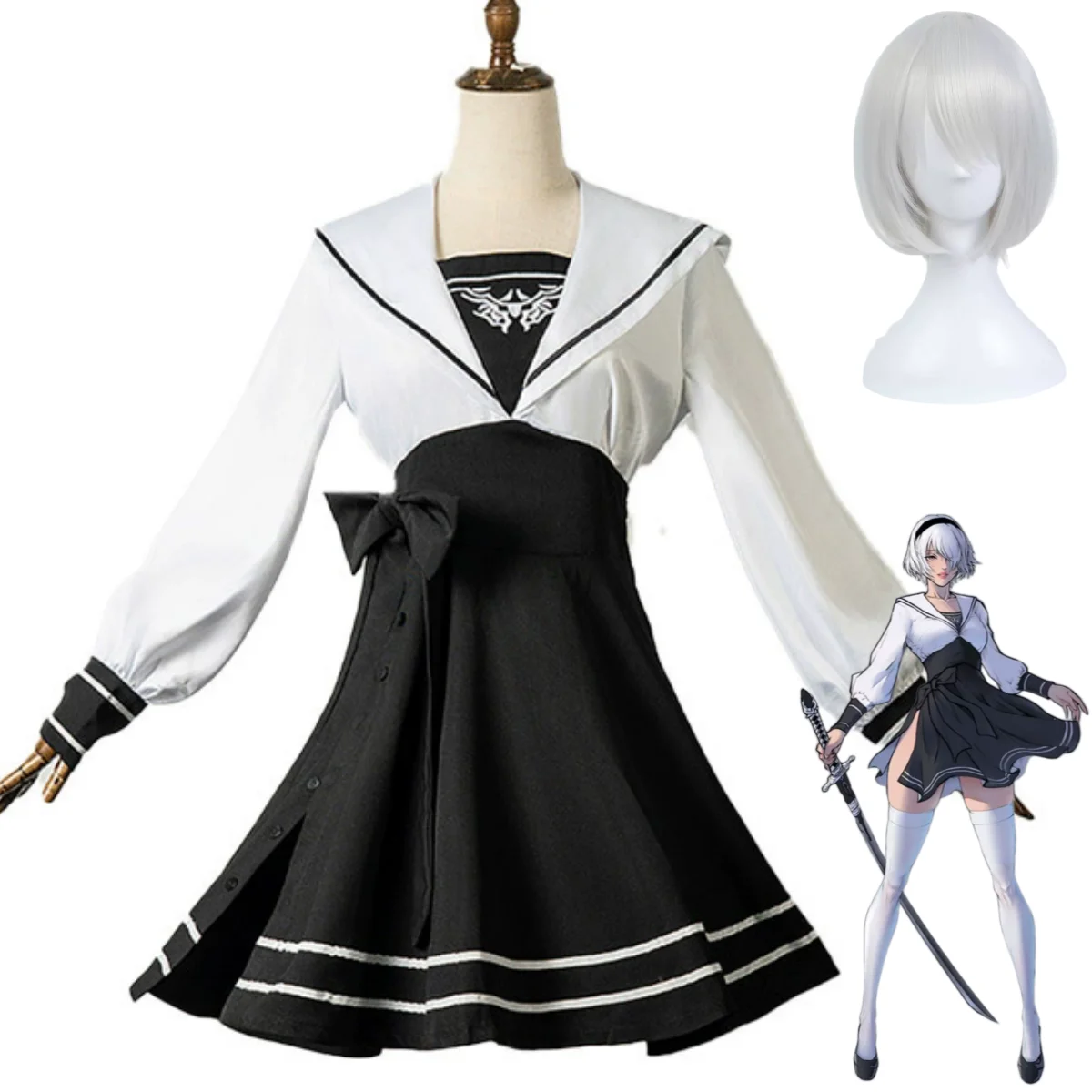 Spiel YoRHa Nr. 2 Typ B Cosplay-Kostüm 2B Rückenfreies Weißes Kleid Matrosenanzug Perücke Damen Sexy Karnevals-Set