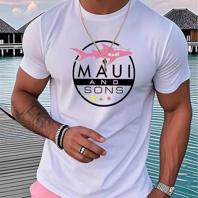 TEMU Men's Casual Summer Graphic T-shirt- Round Neck, Short Sleeve, Maui Design With & Palm Tree Print, Lightweight Cotton, Beige Color, Beach Or Outdoor Activities, Beach Shirt Image