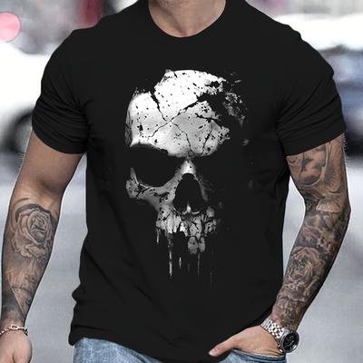 TEMU Men's 3d Skull Graphic T-shirt - 100% Cotton Soft Round Neck Short Sleeve, Lightweight 180gsm Breathable Fabric, Casual Streetwear For Summer Outdoor & Casual Attire Image