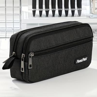TEMU Extra-large 3-layer Zippered Pencil Case - Durable Oxford Fabric, Multi-functional Stationery Organizer For Students And Office Use Image