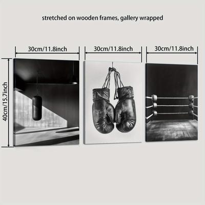 TEMU 3pcs Wood Framed Canvas Print Art, Vintage , Black And White Retro Photo, Boxing Gloves Poster, Suitable For Home Wall Decoration Image