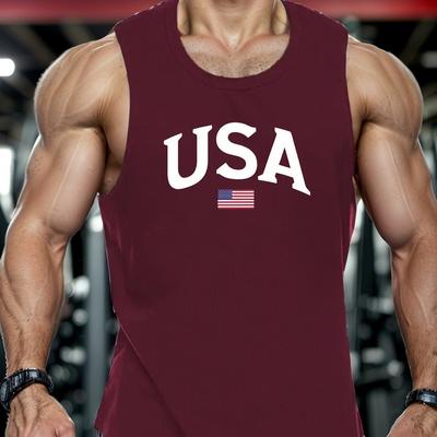 TEMU Usa Flag Print Polyester Tank Top For Men - Crew Neck, Regular Fit, Knit Fabric, Stretch, Casual Geometric-pattern Sleeveless Shirt For Summer Image