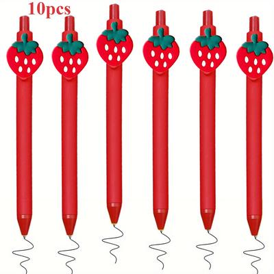 TEMU 10-pack Strawberry Gel Pens With Cute Cartoon Design - Quick-dry, Retractable, Writing & Drawing, Ideal For School, Office, And !, Pens For Writing Image