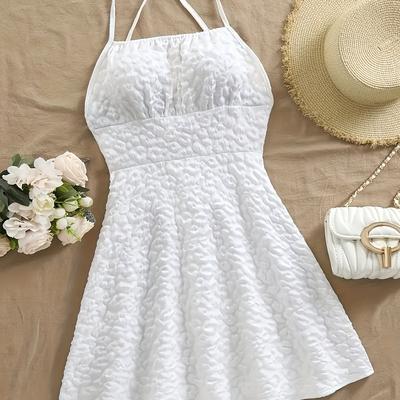 TEMU Elegant Halter Neck Geometric Print Slip Dress - White Lace-up Summer Dress For Adults, Vacation And Beach Wear, Beach Attire | Laceup Detail | Halter Neckline Image