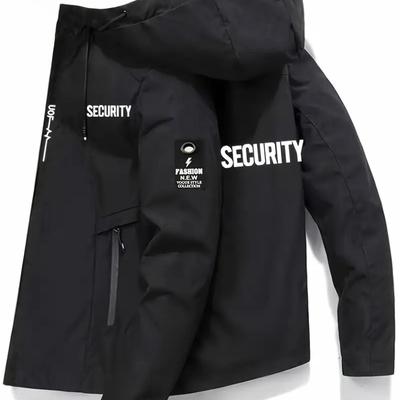 "TEMU Men's Casual Hooded Jacket - Lightweight Polyester, Zip-up, Regular Fit With "security" Print, Ideal For Spring & Fall, Casual Outerwear|hooded Jacket|zippered Jacket" Image