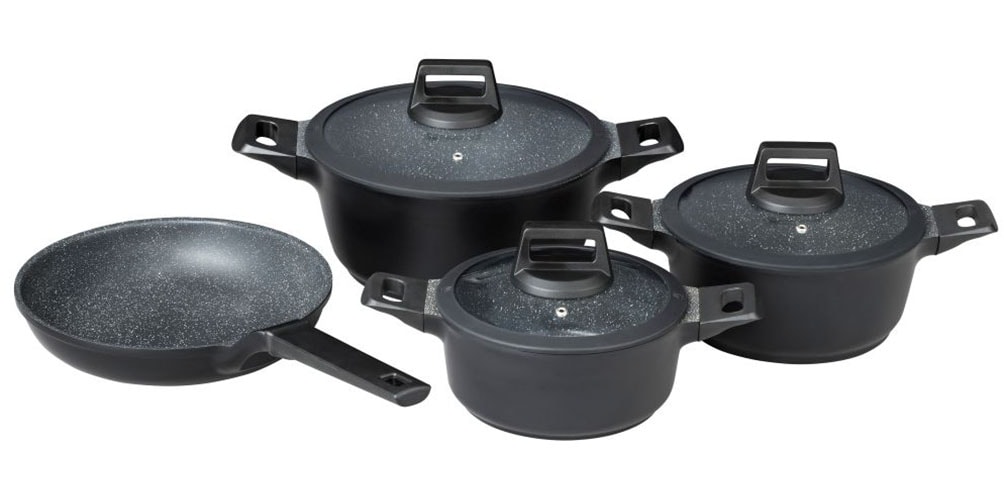 Topf-Set MULEX "MALAGA, aus hochwertigem Aluguss", schwarz, Töpfe, hitzebeständige Bakelitgriffe, inkl. Softtouch-Silikon Glasdeckel Image