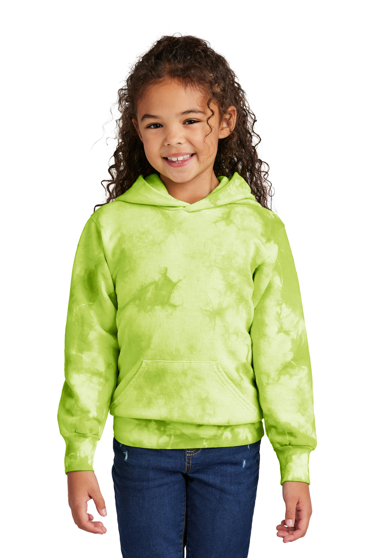 Port & Company PC144Y Youth Crystal Tie-Dye Pullover Hoodie in Lemon Lime size Medium | 80/20 cotton/Polyester blend