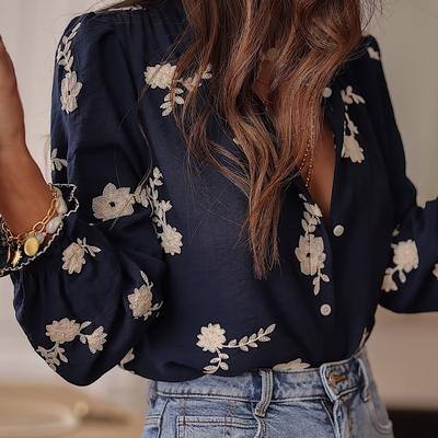 TEMU Women's Navy Blue Floral Embroidered Blouse - Lightweight Polyester-spandex Blend Open Collar Button-up Shirt With Puffed Sleeves, Casual Spring/summer Top For Women Image